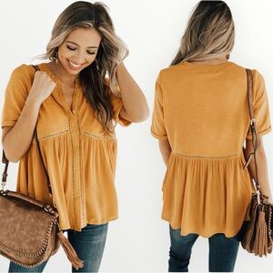 Crescent Boho Mustard Yellow Peplum Blouse Flowy V-Neck Boutique